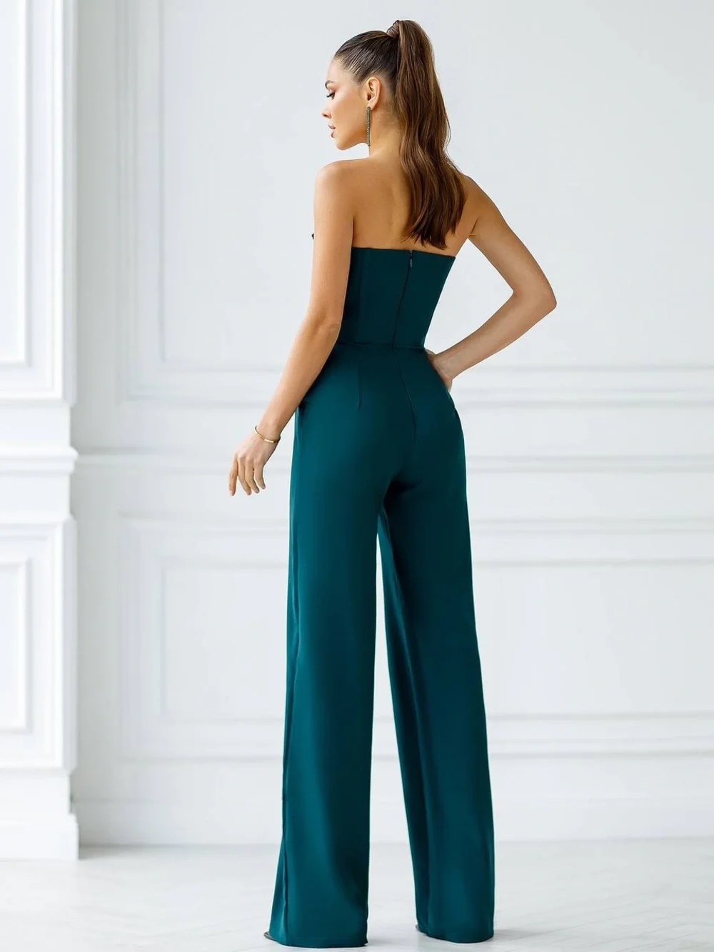 Club L London Strapless Wide-Leg Jumpsuit in Teal Green - Picture 2 of 7